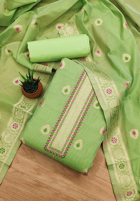 Pista Green Woven Chanderi Banarasi Silk Kurta Set