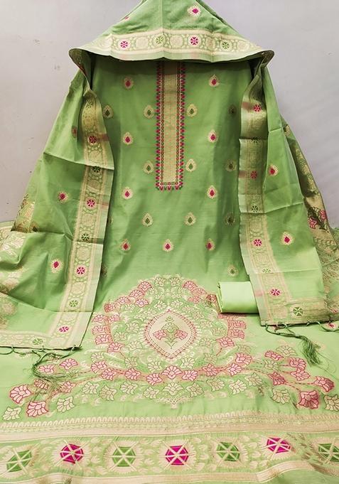 Pista Green Woven Chanderi Banarasi Silk Kurta Set