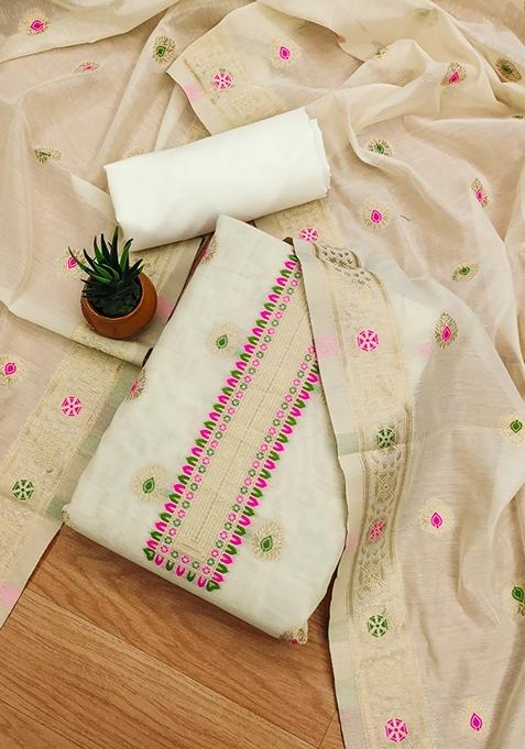 White Woven Chanderi Banarasi Silk Kurta Set