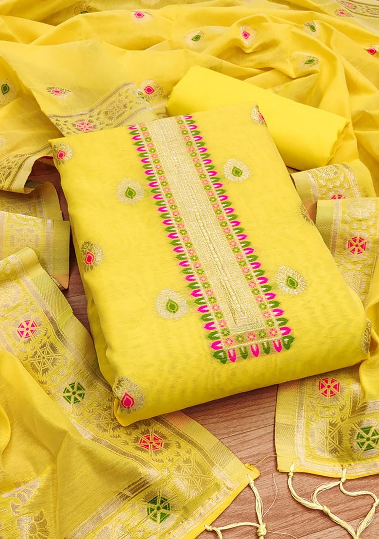 Yellow Woven Chanderi Banarasi Silk Kurta Set