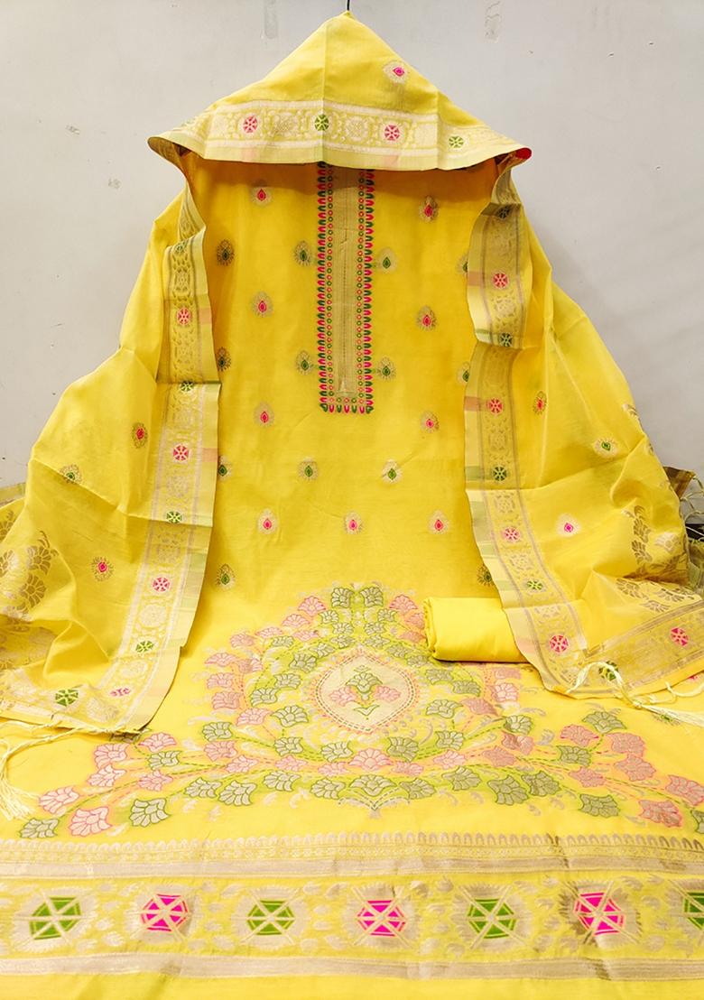 Yellow Woven Chanderi Banarasi Silk Kurta Set