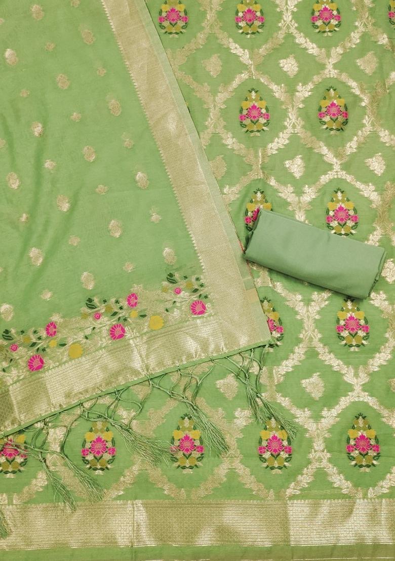 Pista Green Woven Chanderi Banarasi Silk Kurta Set