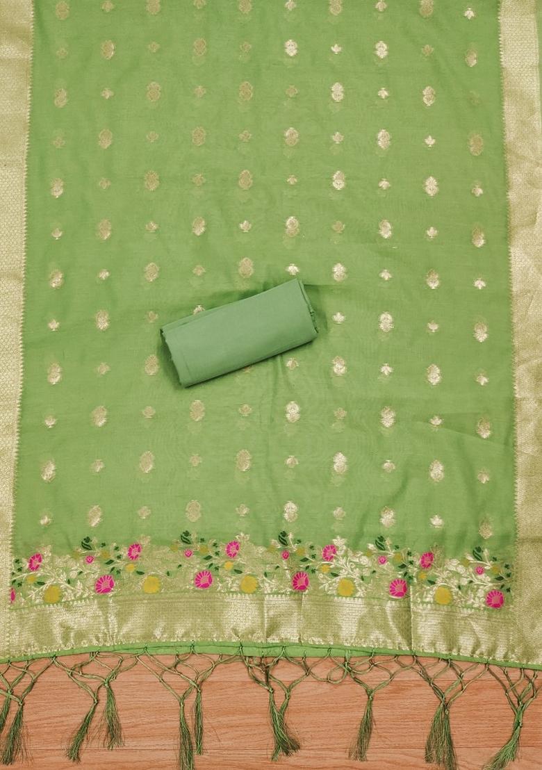 Pista Green Woven Chanderi Banarasi Silk Kurta Set