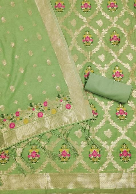 Pista Green Woven Chanderi Banarasi Silk Kurta Set