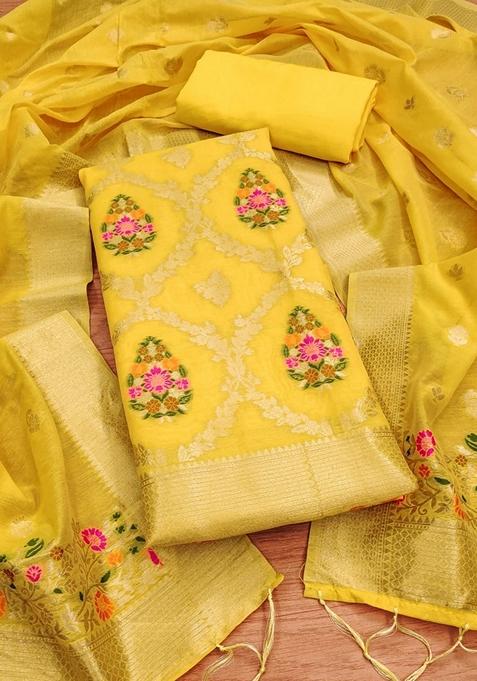 Yellow Woven Chanderi Banarasi Silk Kurta Set