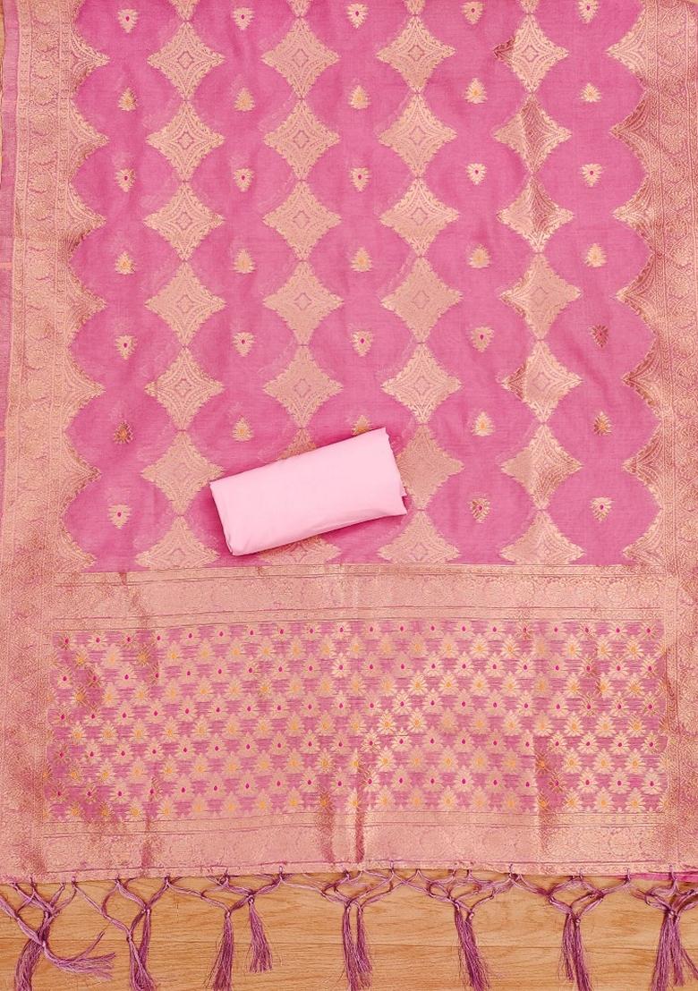 Pink Woven Chanderi Banarasi Silk Kurta Set