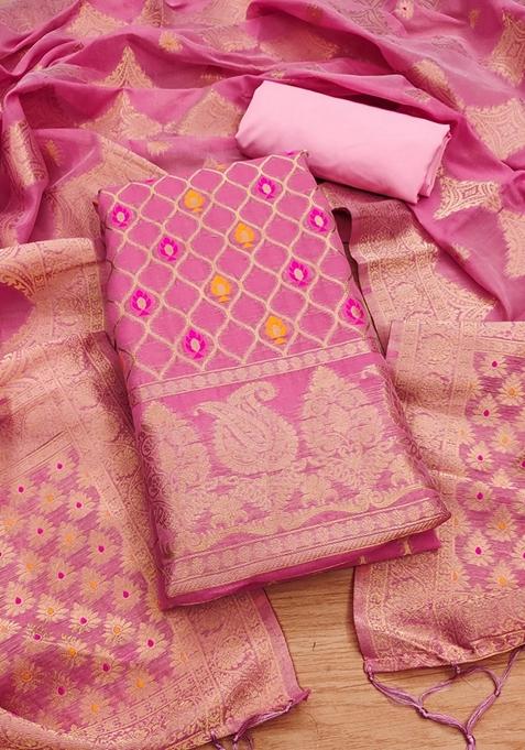 Pink Woven Chanderi Banarasi Silk Kurta Set