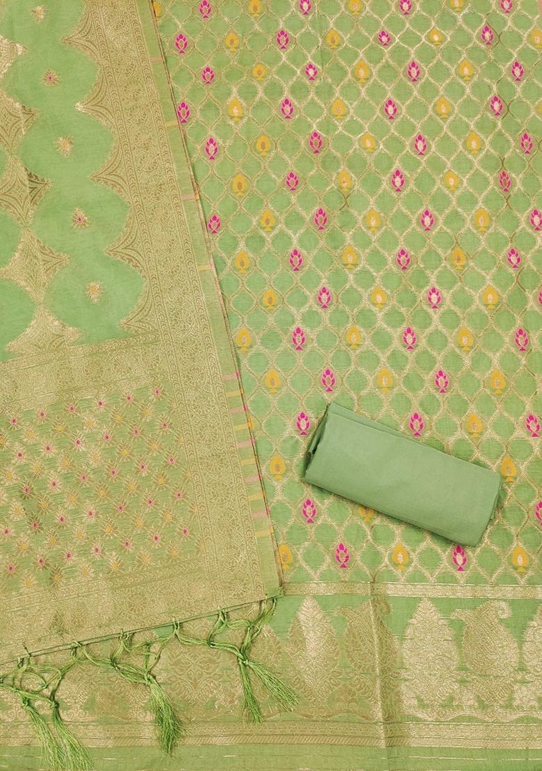 Pista Green Woven Chanderi Banarasi Silk Kurta Set