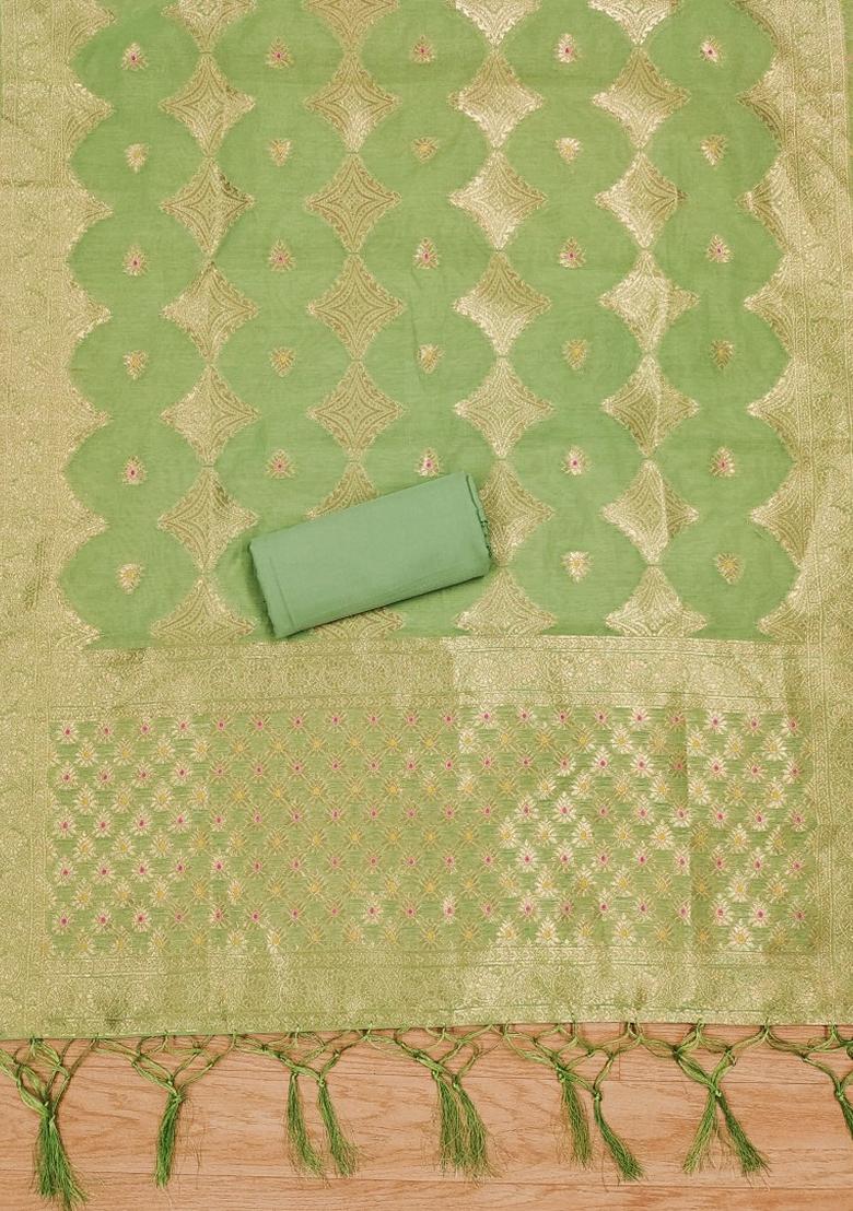 Pista Green Woven Chanderi Banarasi Silk Kurta Set