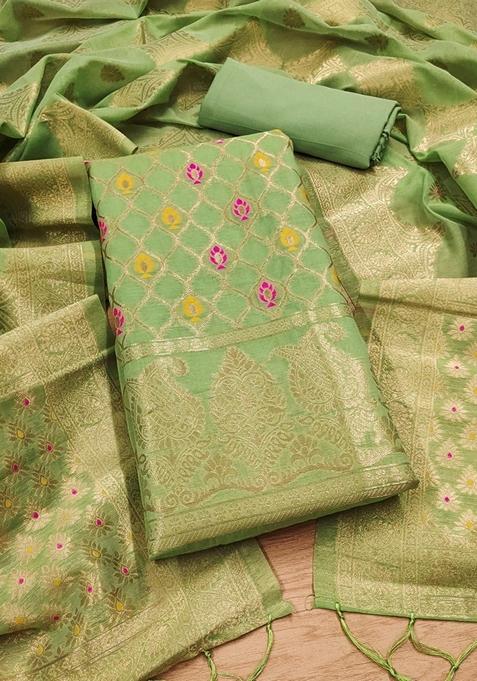 Pista Green Woven Chanderi Banarasi Silk Kurta Set