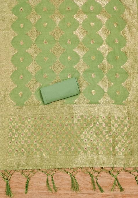 Pista Green Woven Chanderi Banarasi Silk Kurta Set
