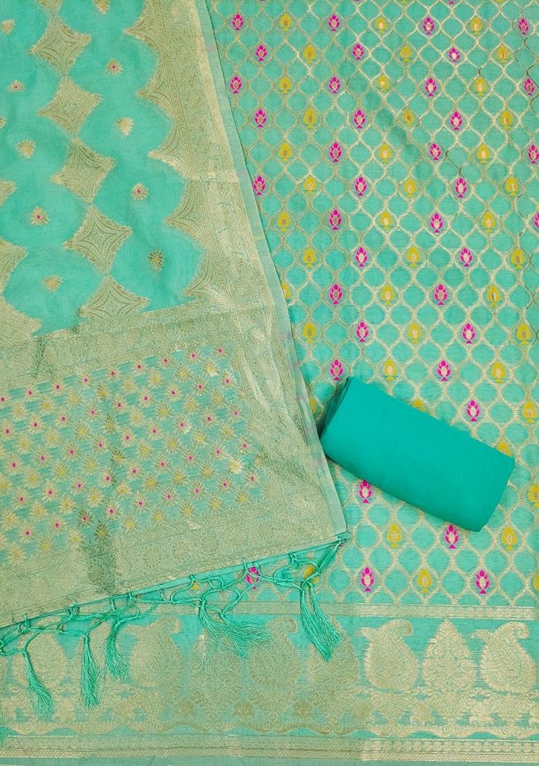 Sea Green Woven Chanderi Banarasi Silk Kurta Set