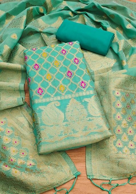 Sea Green Woven Chanderi Banarasi Silk Kurta Set