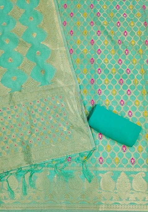 Sea Green Woven Chanderi Banarasi Silk Kurta Set