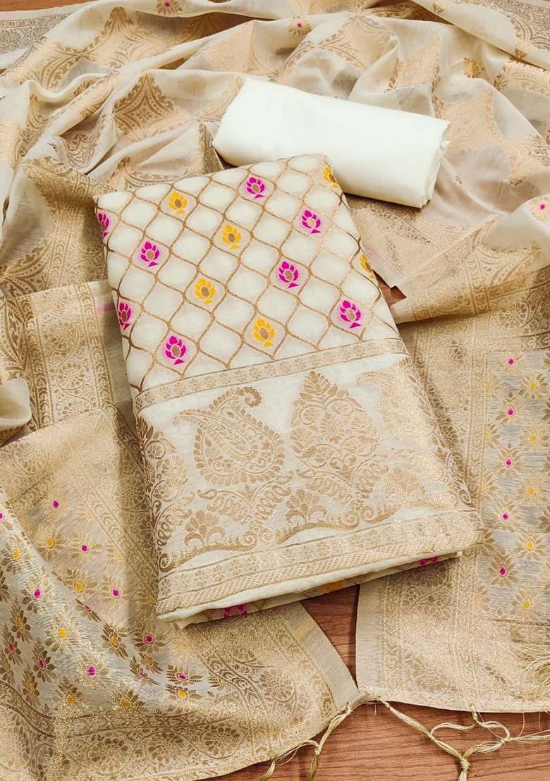 White Woven Chanderi Banarasi Silk Kurta Set - Indya