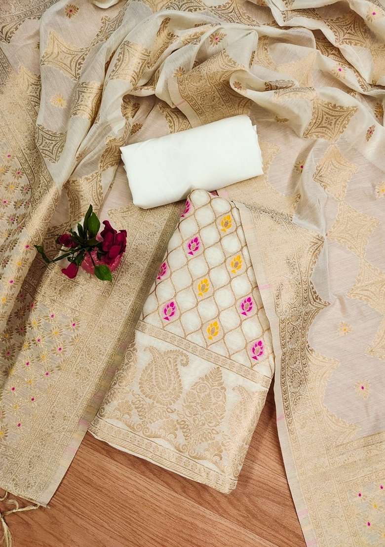 White Woven Chanderi Banarasi Silk Kurta Set - Indya