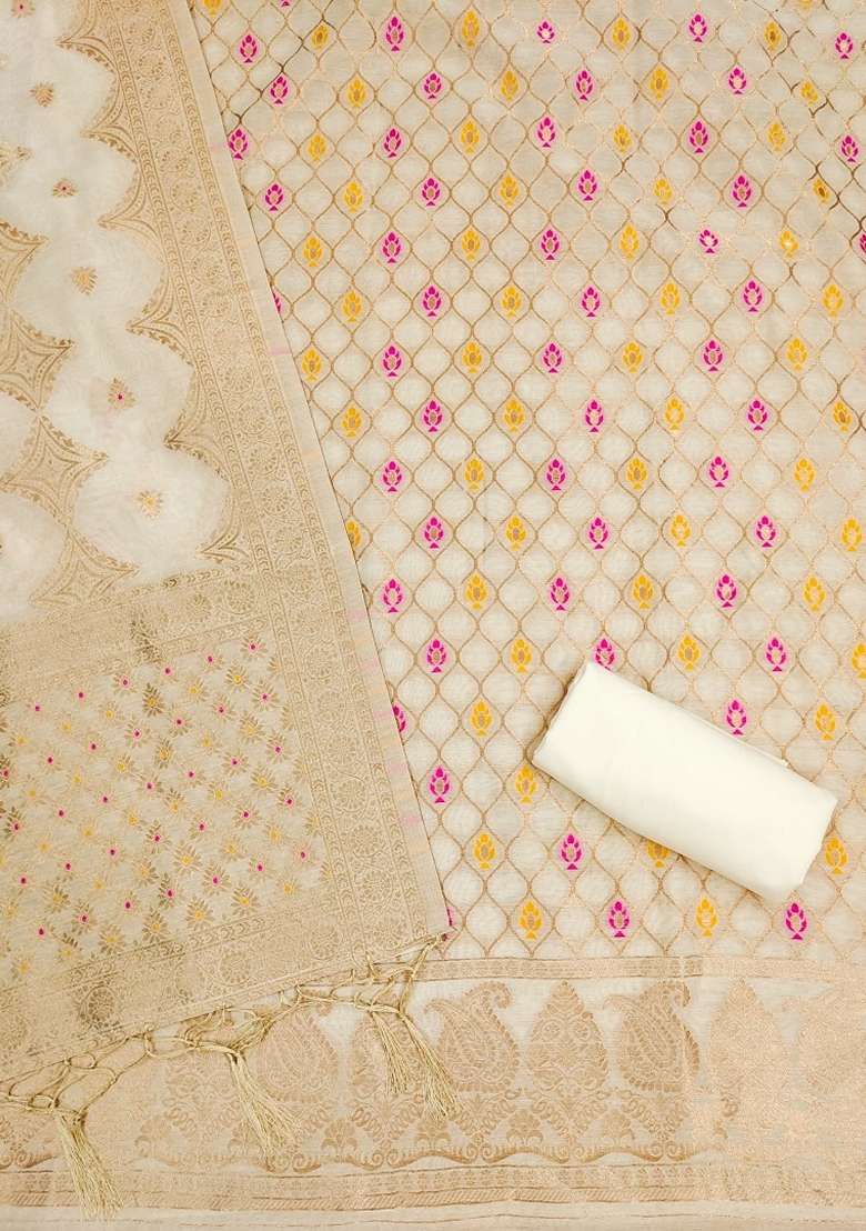 White Woven Chanderi Banarasi Silk Kurta Set - Indya