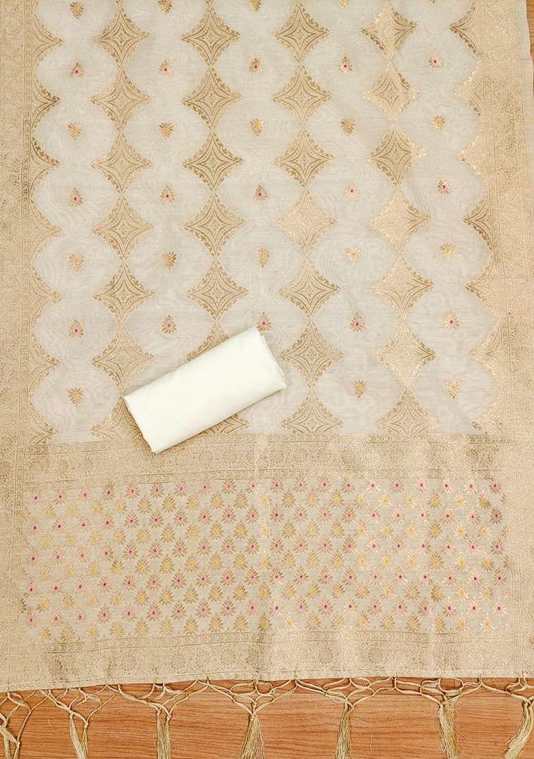 White Woven Chanderi Banarasi Silk Kurta Set - Indya
