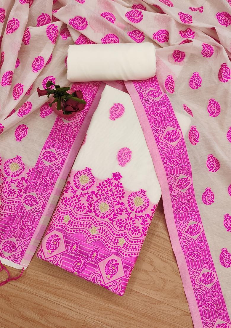 Pink Woven Handloom Banarasi Resham Cotton Kurta Set