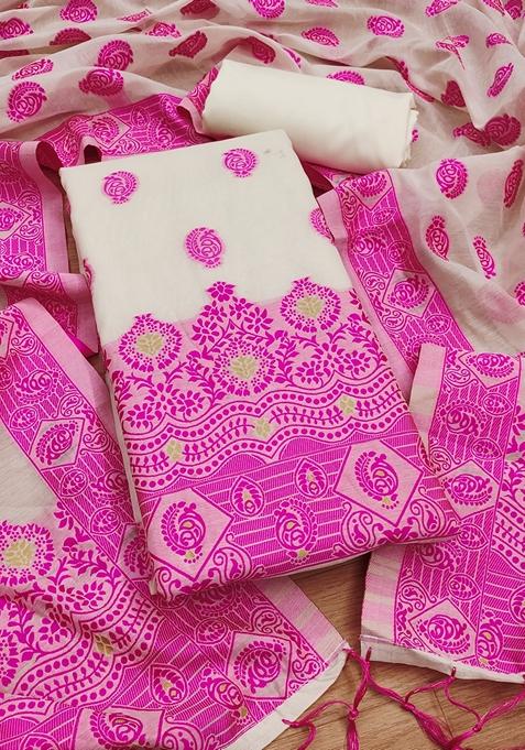 Pink Woven Handloom Banarasi Resham Cotton Kurta Set