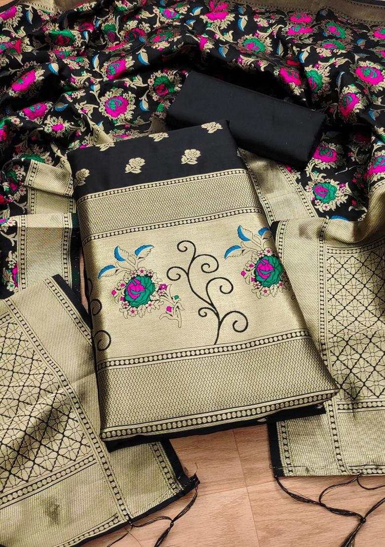 Black Woven Zari Soft Banarasi Silk Kurta Set