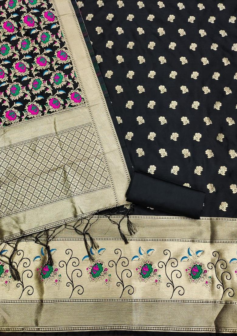 Black Woven Zari Soft Banarasi Silk Kurta Set