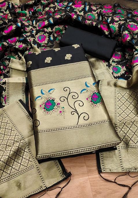 Black Woven Zari Soft Banarasi Silk Kurta Set