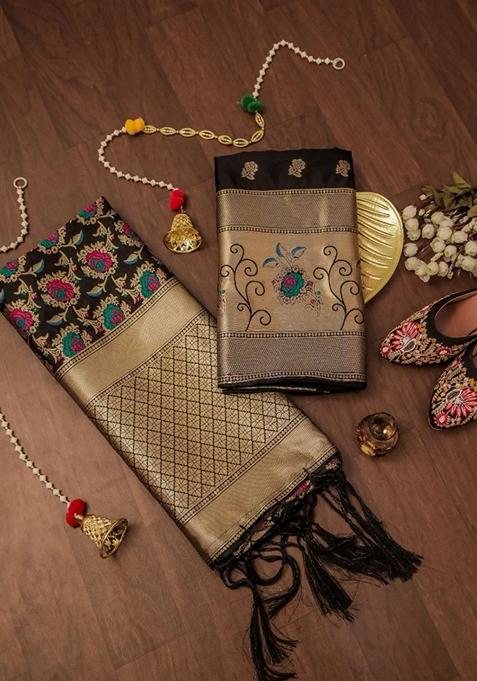 Black Woven Zari Soft Banarasi Silk Kurta Set