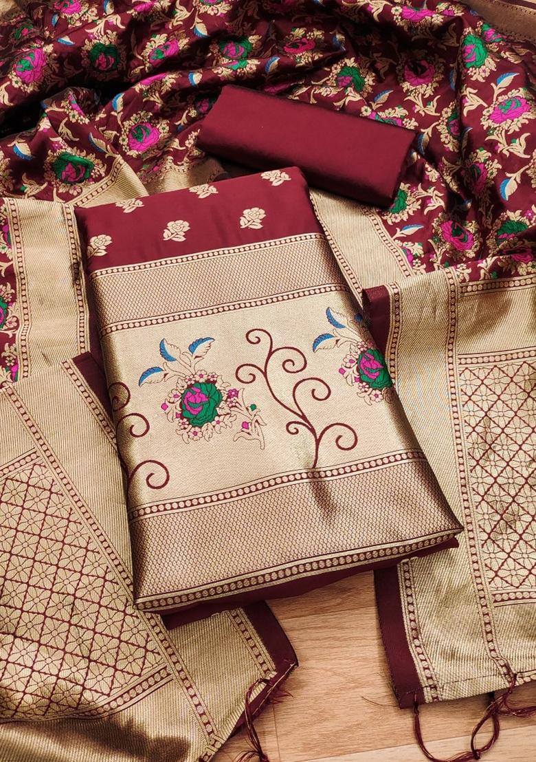 Maroon Woven Zari Soft Banarasi Silk Kurta Set