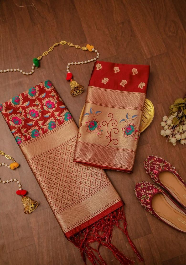 Maroon Woven Zari Soft Banarasi Silk Kurta Set