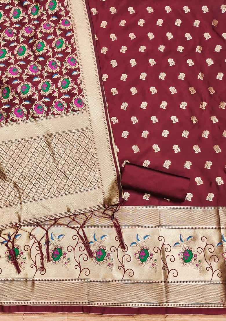 Maroon Woven Zari Soft Banarasi Silk Kurta Set