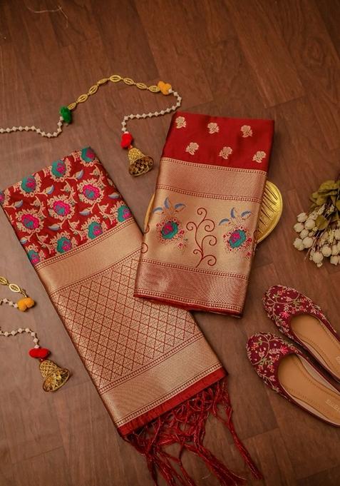 Maroon Woven Zari Soft Banarasi Silk Kurta Set