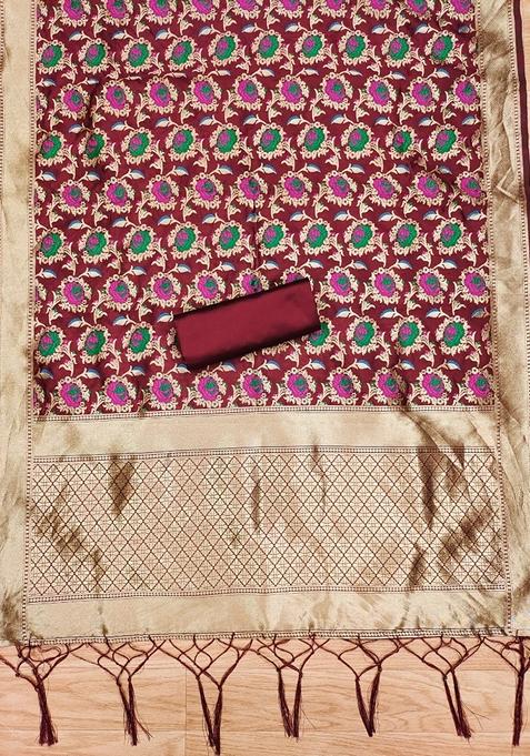 Maroon Woven Zari Soft Banarasi Silk Kurta Set