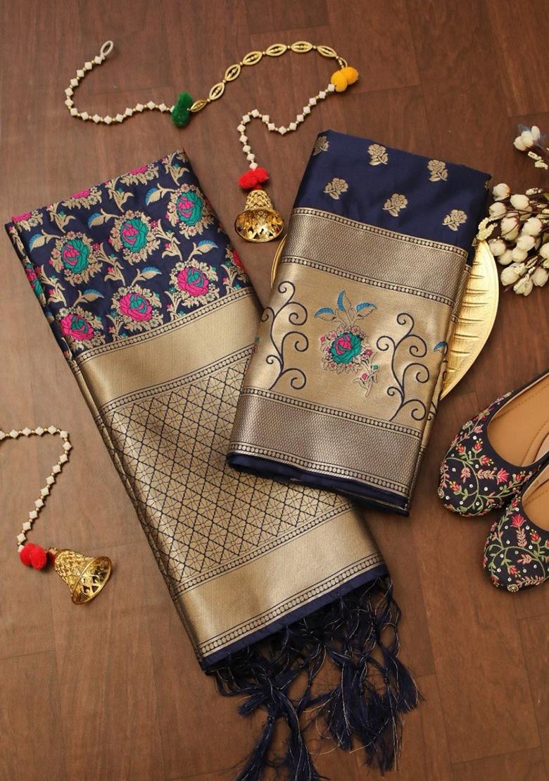 Navy Blue Woven Zari Soft Banarasi Silk Kurta Set