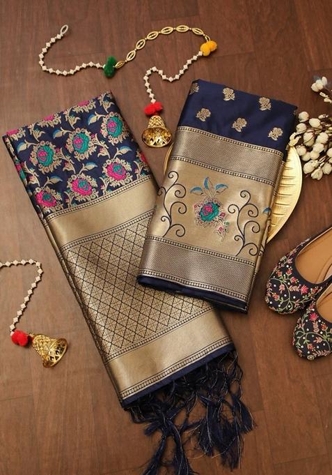 Navy Blue Woven Zari Soft Banarasi Silk Kurta Set