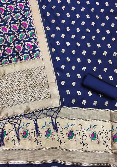 Navy Blue Woven Zari Soft Banarasi Silk Kurta Set