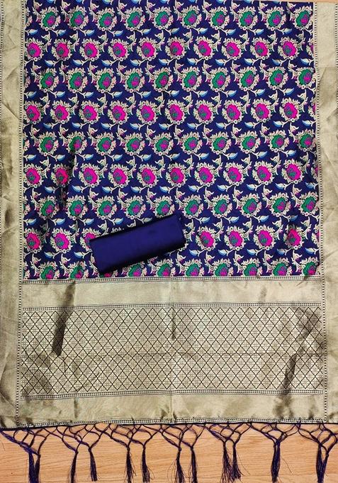 Navy Blue Woven Zari Soft Banarasi Silk Kurta Set