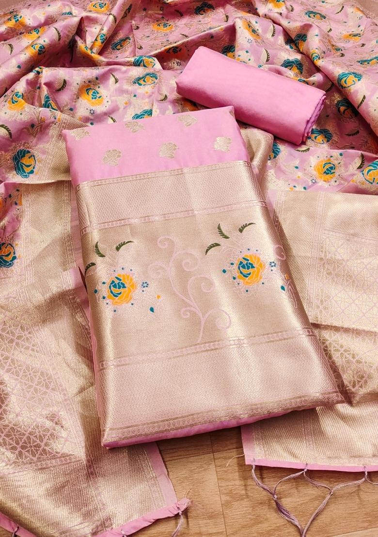 Pink Woven Zari Soft Banarasi Silk Kurta Set