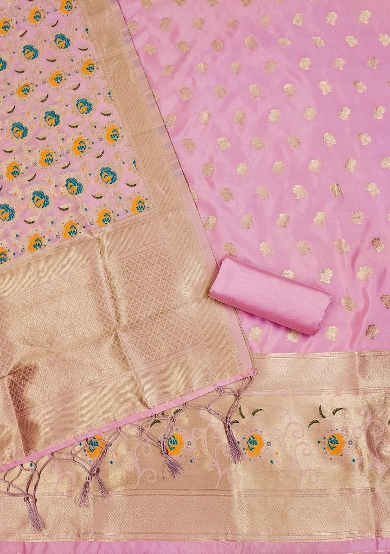 Pink Woven Zari Soft Banarasi Silk Kurta Set