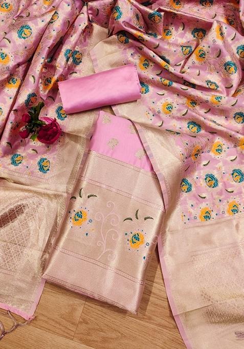 Pink Woven Zari Soft Banarasi Silk Kurta Set