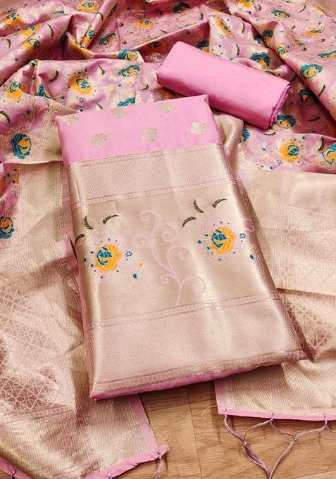 Pink Woven Zari Soft Banarasi Silk Kurta Set