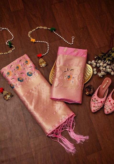 Pink Woven Zari Soft Banarasi Silk Kurta Set