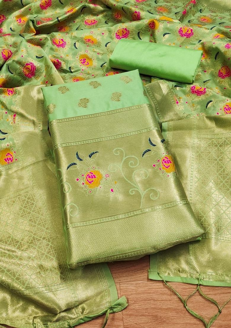Pista Green Woven Zari Soft Banarasi Silk Kurta Set