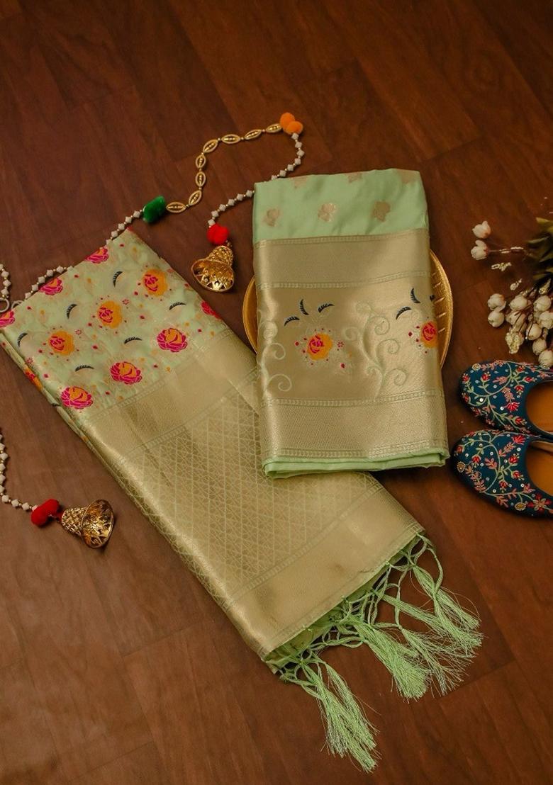 Pista Green Woven Zari Soft Banarasi Silk Kurta Set