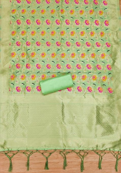 Pista Green Woven Zari Soft Banarasi Silk Kurta Set