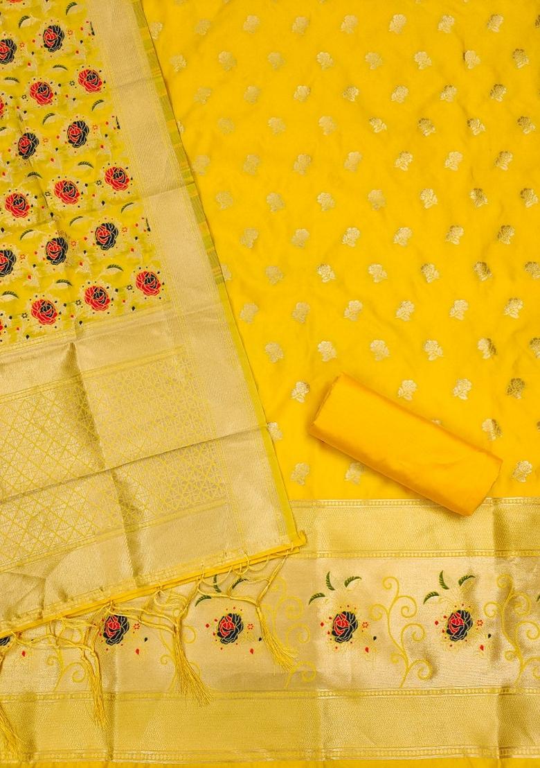 Yellow Woven Zari Soft Banarasi Silk Kurta Set