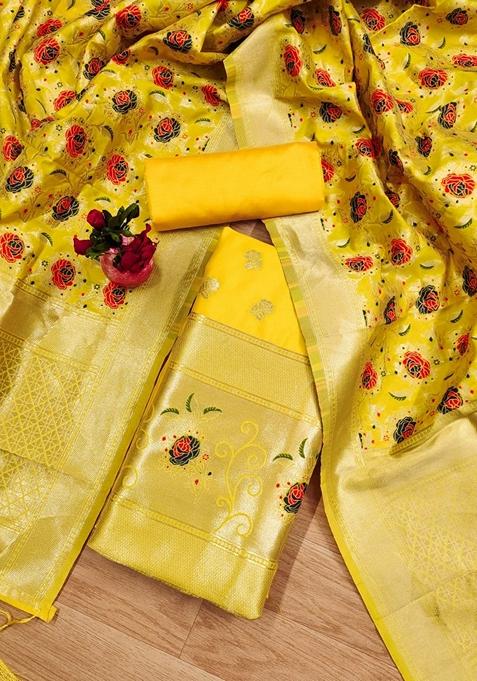 Yellow Woven Zari Soft Banarasi Silk Kurta Set