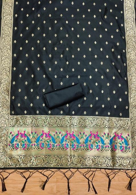 Black Woven Zari Soft Banarasi Silk Kurta Set