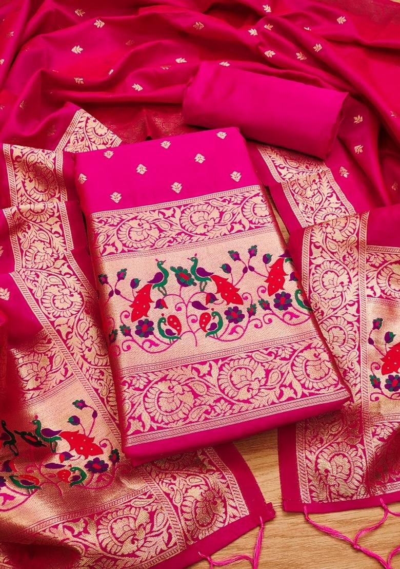 Magenta Woven Zari Soft Banarasi Silk Kurta Set