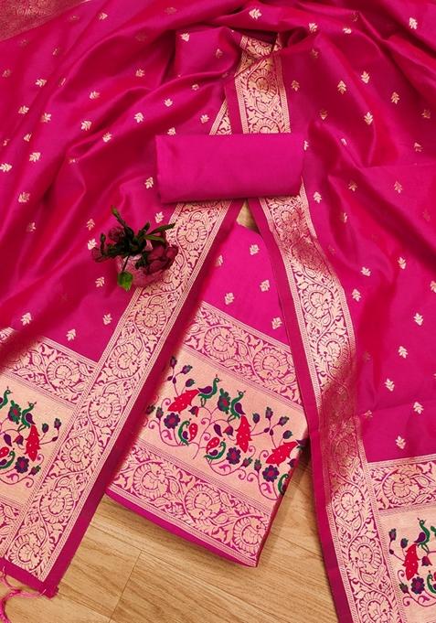 Magenta Woven Zari Soft Banarasi Silk Kurta Set